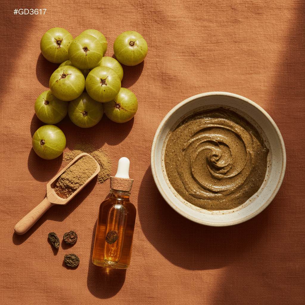 Hands massaging amla oil into scalp in a spa-like setting