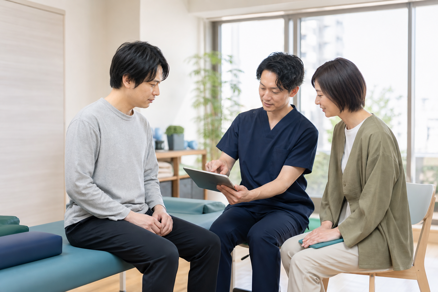 腰痛で休職中の方と医療・職場支援者が復職計画を相談する様子