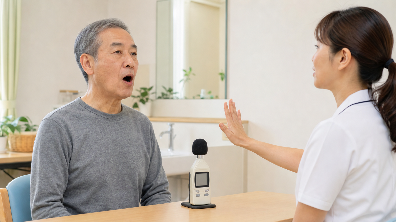 言語聴覚士の指導で無理なく発声練習を行うパーキンソン病の方