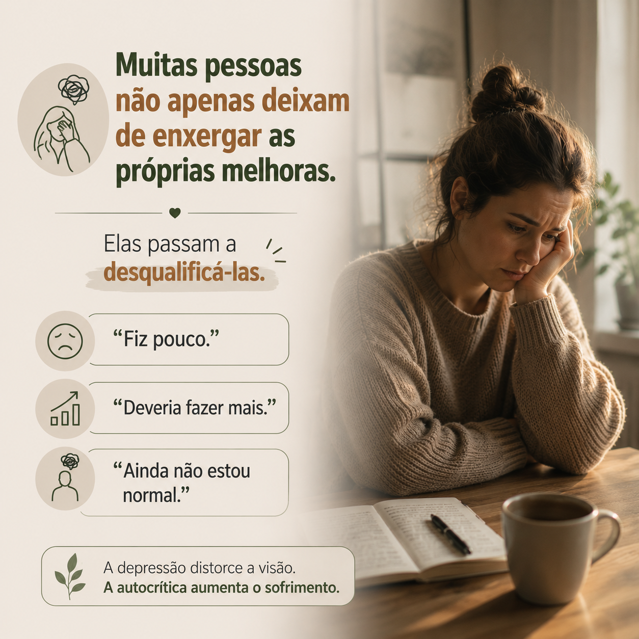 Mulher com expressão de preocupação refletindo sobre si mesma, representando a autocrítica excessiva e a dificuldade de reconhecer os próprios avanços durante a depressão.