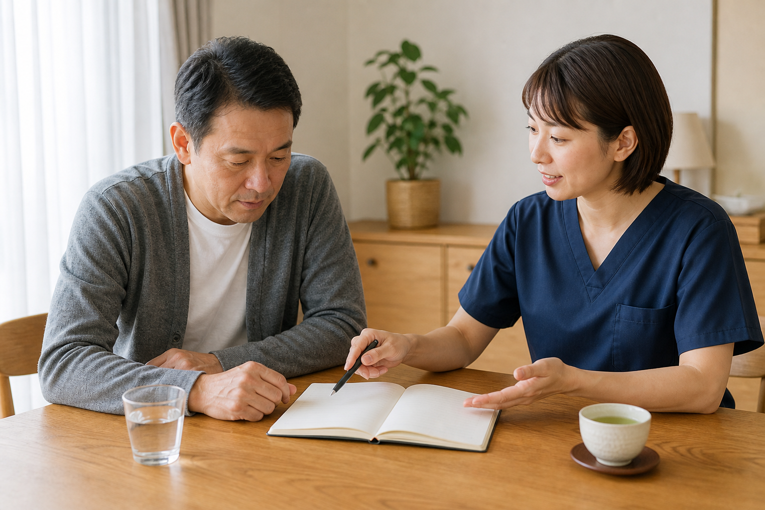 排尿日誌を見ながら水分とカフェインのとり方を専門職に相談する様子