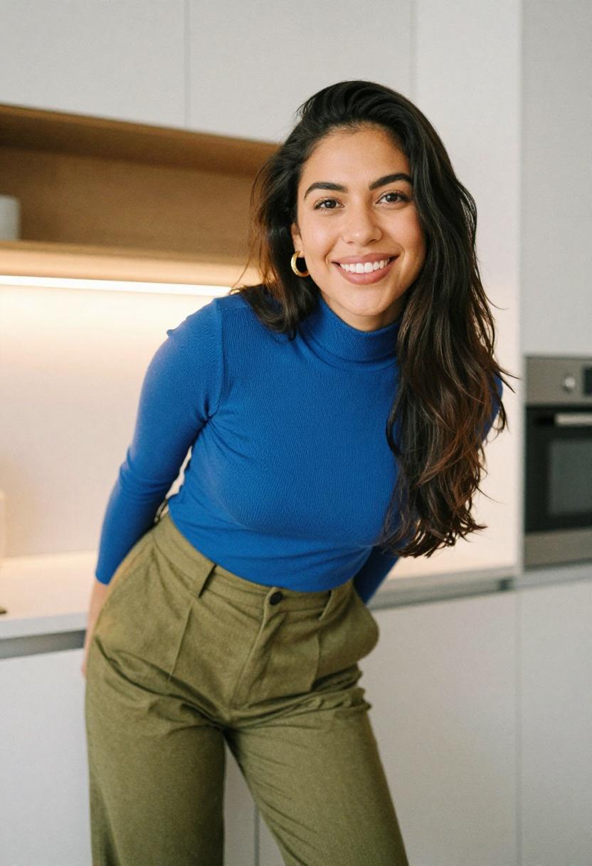 Cobalt blue ribbed turtleneck with wide-leg pants for kitchen date night