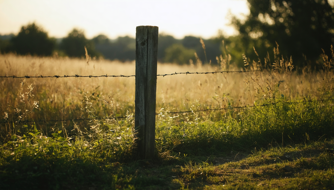 A weathered wooden fence post standing alone in an open field at dusk, partially obscured by overgrown grass.