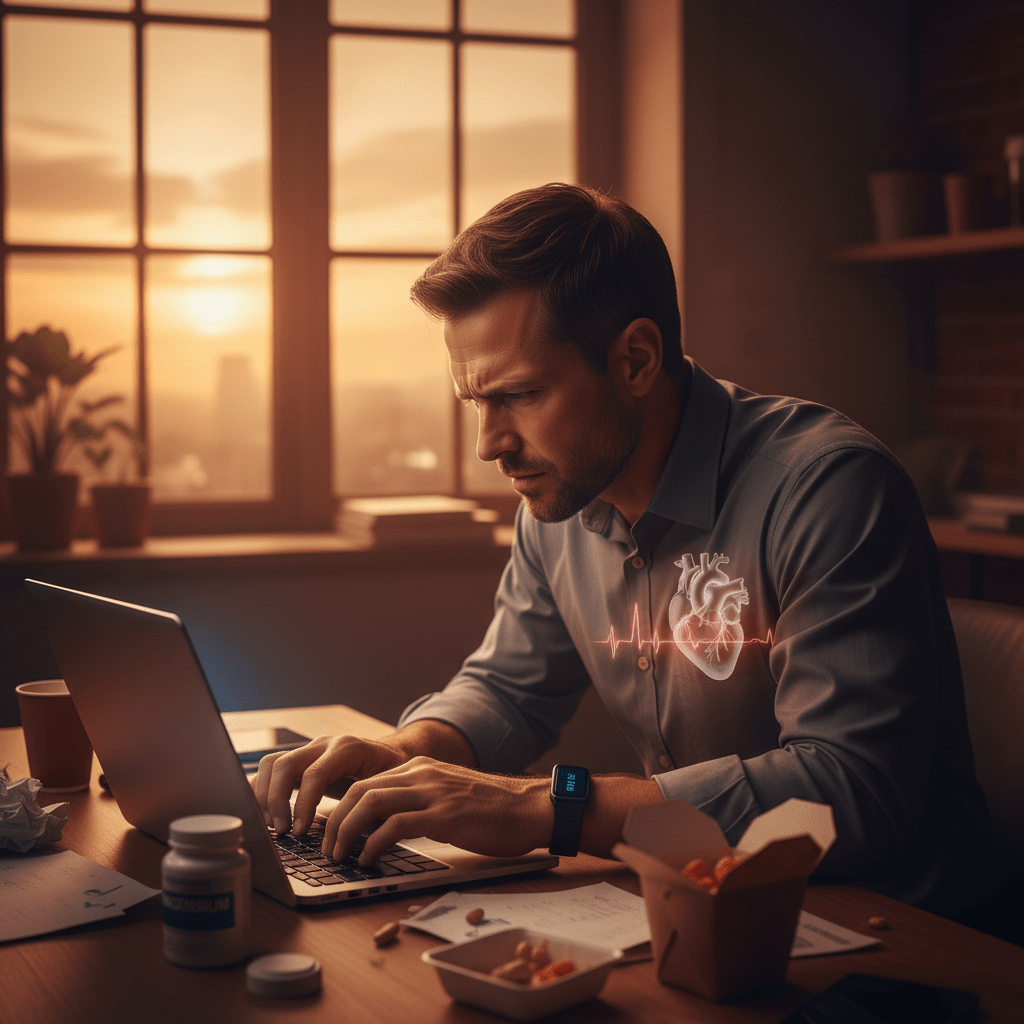 Stressed office professional showing chronic stress on the body