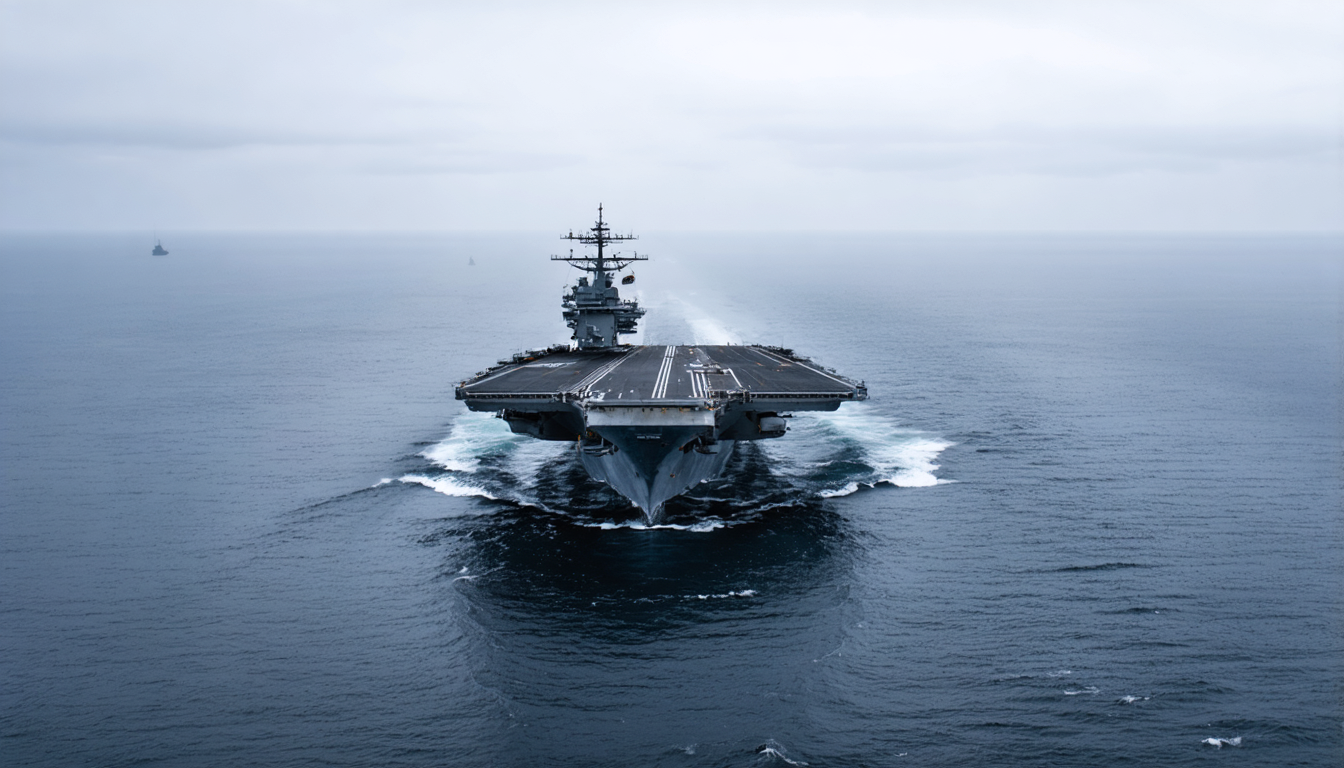 An aircraft carrier rendered tiny by distance, dwarfed by an indifferent ocean that does not care about its budget.