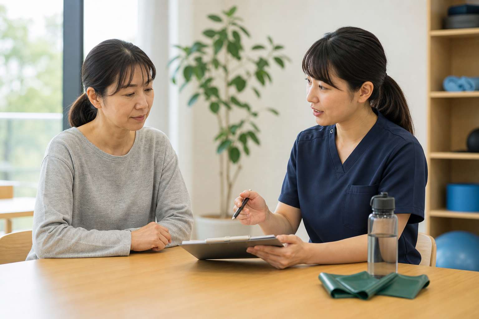 多発性硬化症の人が専門職と運動計画を相談する場面
