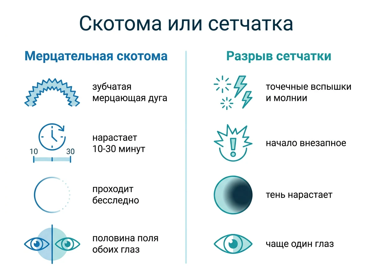 Сравнение мерцательной скотомы и разрыва сетчатки