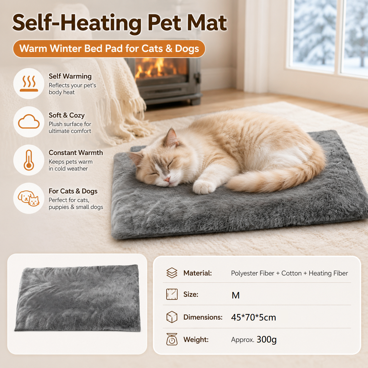 Grey M Size 45x70cm Self Heating Pet Mat - Soft Plush Non-Slip Thermal Bed for Cats and Small Dogs Indoor Crate Car Travel Use