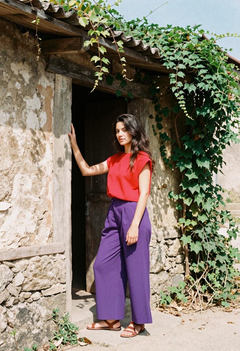 Red and violet colorblock outfit against rustic architectural backdrop