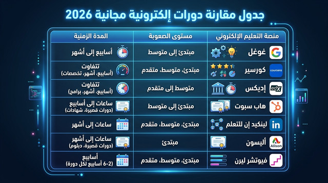 جدول مقارنة دورات إلكترونية مجانية 2026 يُظهر المنصة والمدة ومستوى كل دورة