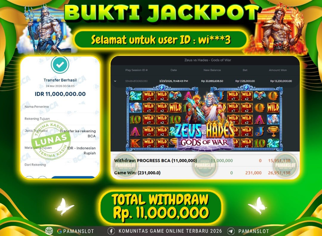 Selamat kepada Member PAMANSLOT Game PP - Zeus vs Hades - Gods of War :  WI***3