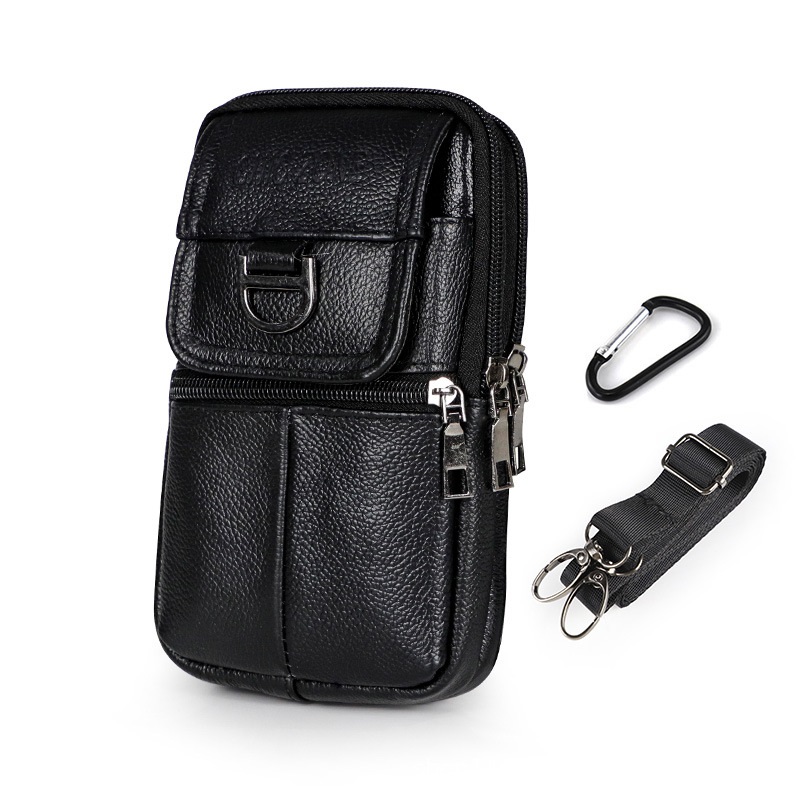 Black Leather Belt Phone Pouch - Multi-Pocket Waist Bag with Shoulder Strap, Durable Zipper Closure for Work, Cycling & Daily Carry