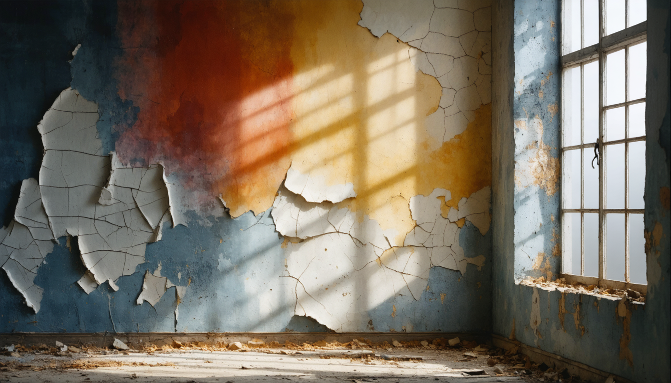 A peeling wall in an old apartment, layers of paint exposed like sediment, waiting for a removal no one will authorize.
