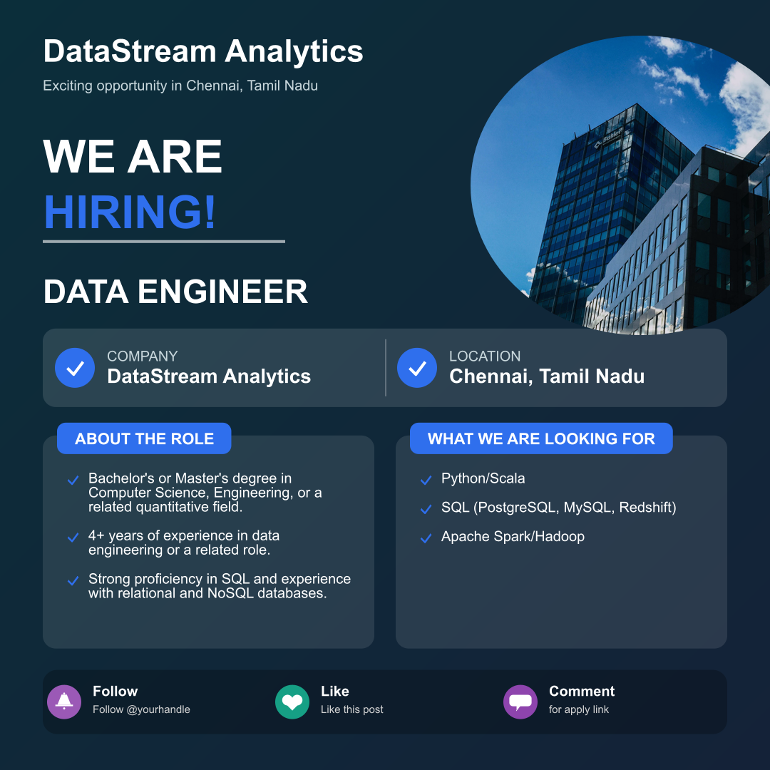 Apply for Data Engineer at DataStream Analytics – Immediate Hiring