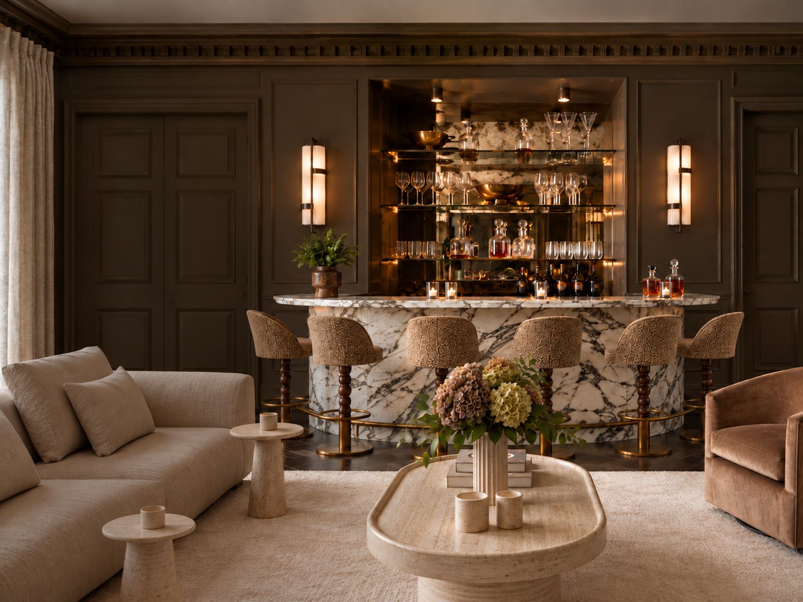 Refined lounge with dark wood panelling and a marble bar