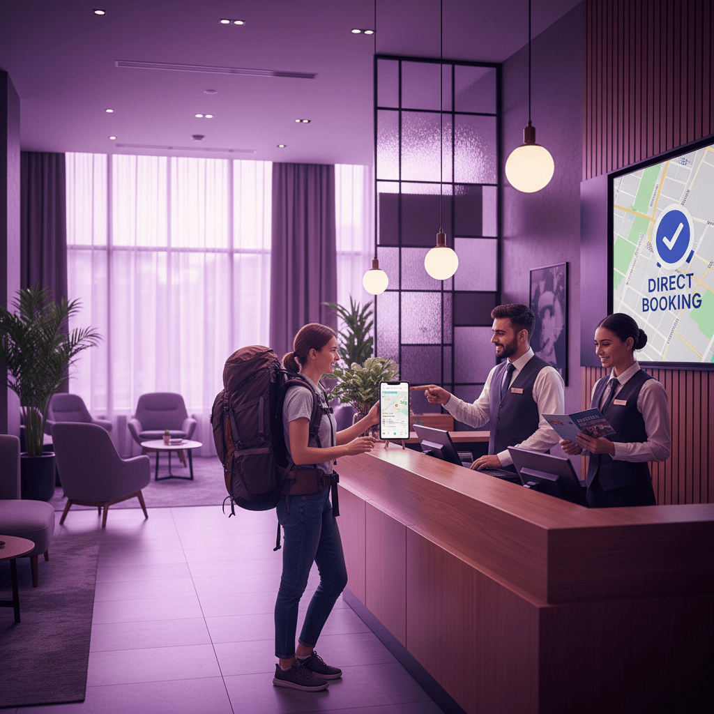 A hotel front desk scene with a traveler using Google Maps on a phone, bright lobby, friendly staff, emphasizing local search and direct booking confidence