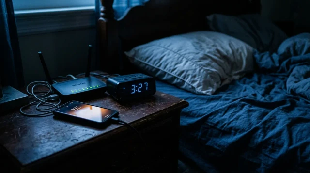 Glowing smartphone, Wi-Fi router, and alarm clock on dark bedroom nightstand, moody insomniac atmosphere