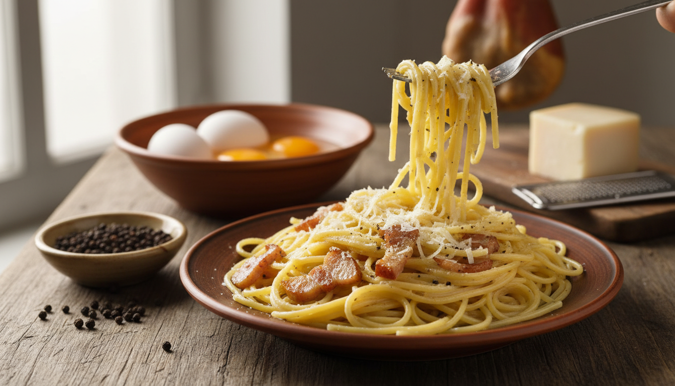 Carbonara romana auténtica sin nata con huevo, queso y pimienta