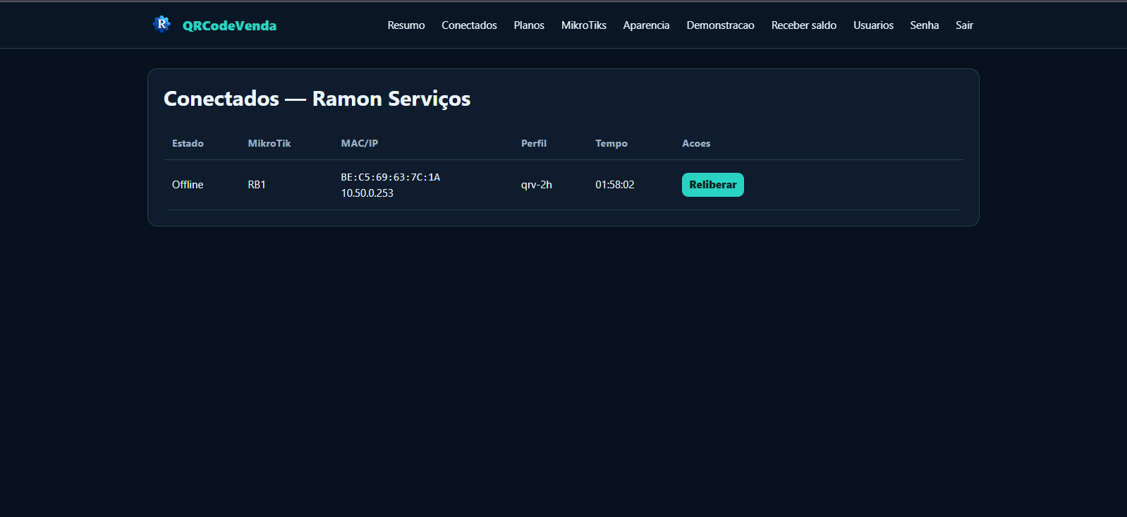 Tela de clientes conectados ao MikroTik