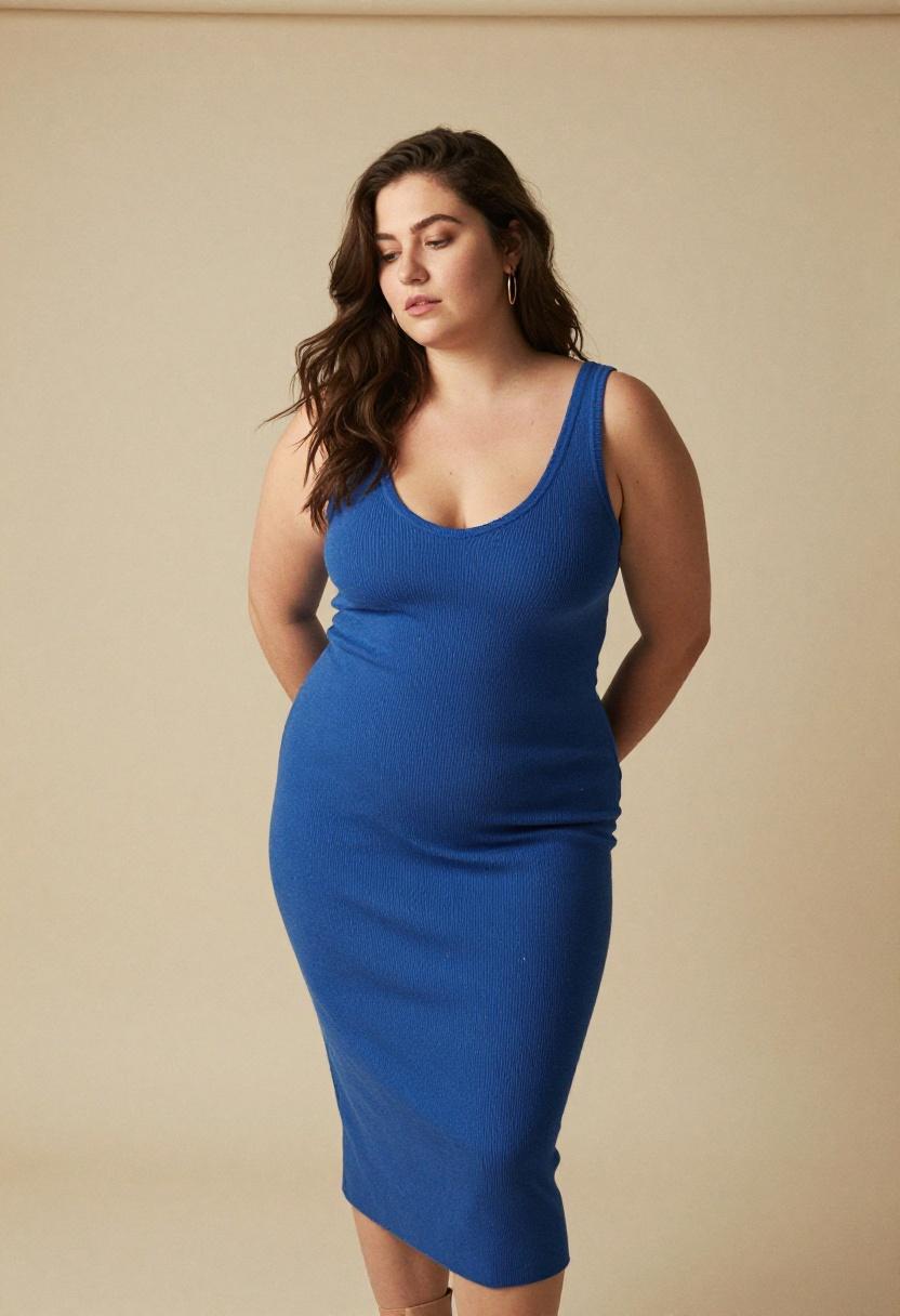 Cobalt blue ribbed knit midi dress with nude block heels for minimalist office style