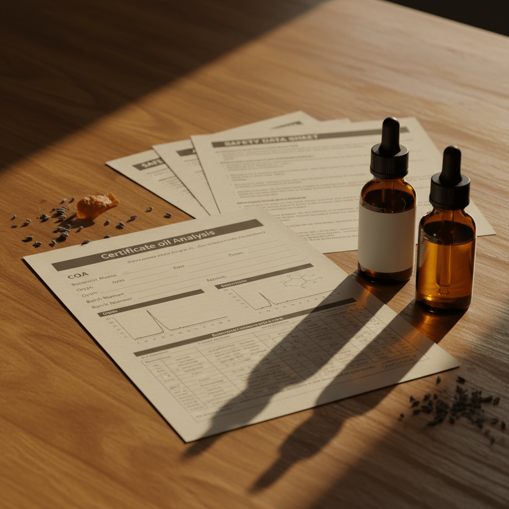 CoA, GC/MS, and SDS paperwork beside amber essential oil bottles