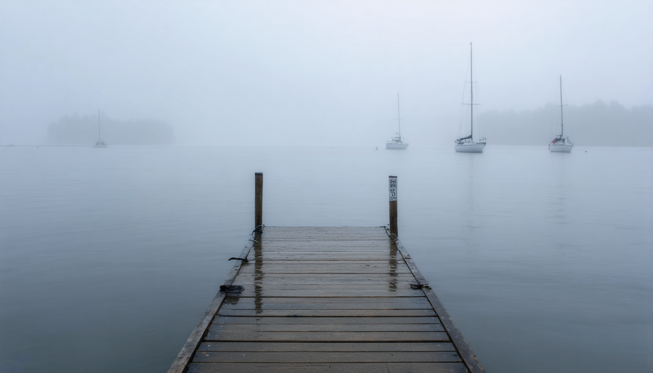 A harbor that cannot decide whether it exists yet — the fog doing the work of a dozen unspoken decisions.