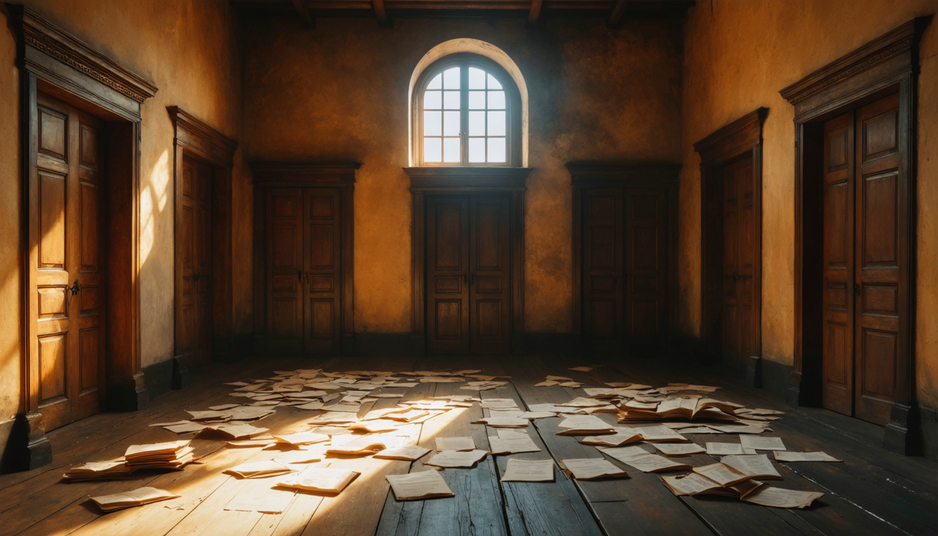 A dim room with many closed doors and a single high window, empty except for scattered papers on the floor.