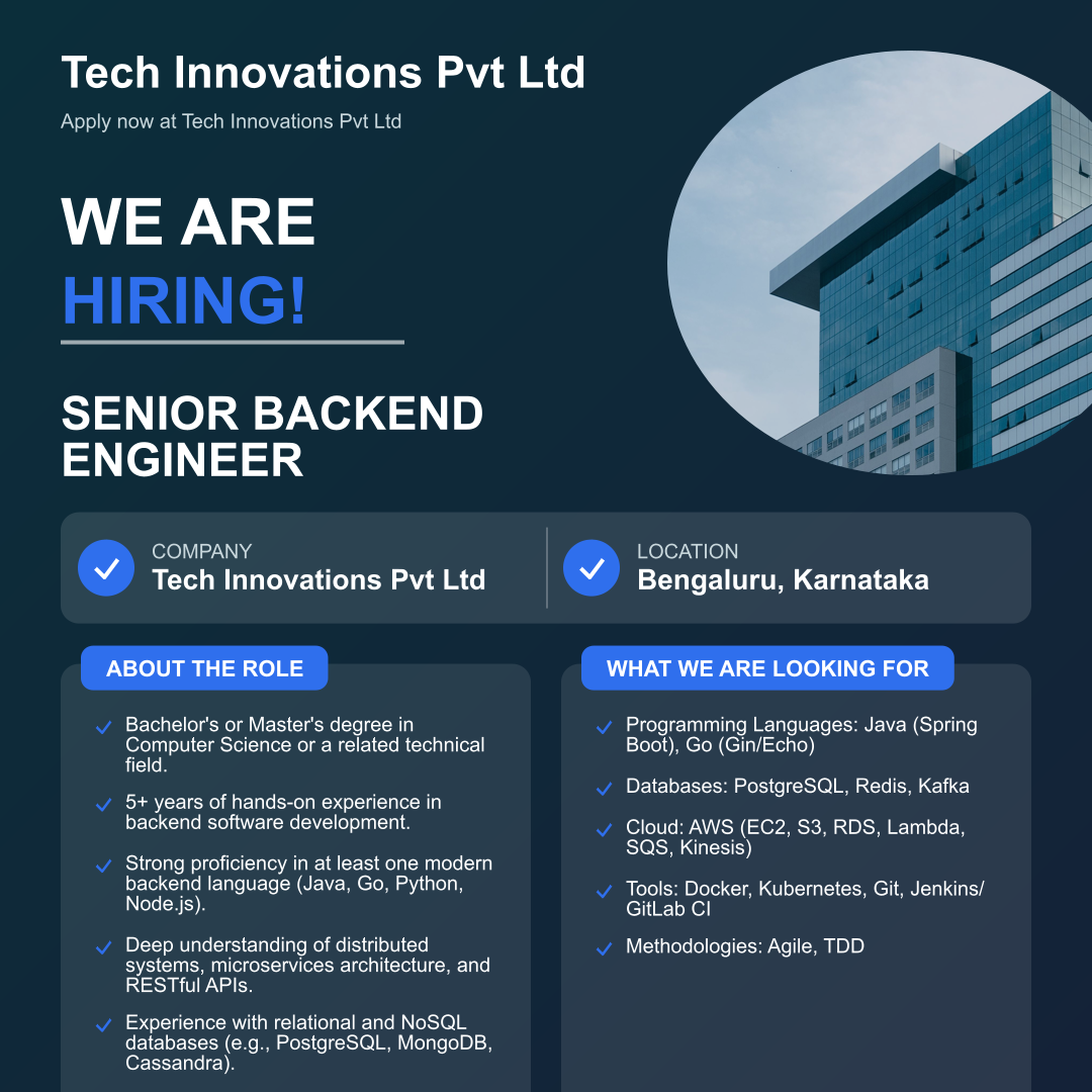 Tech Innovations Pvt Ltd Hiring | Senior Backend Engineer | Apply Now