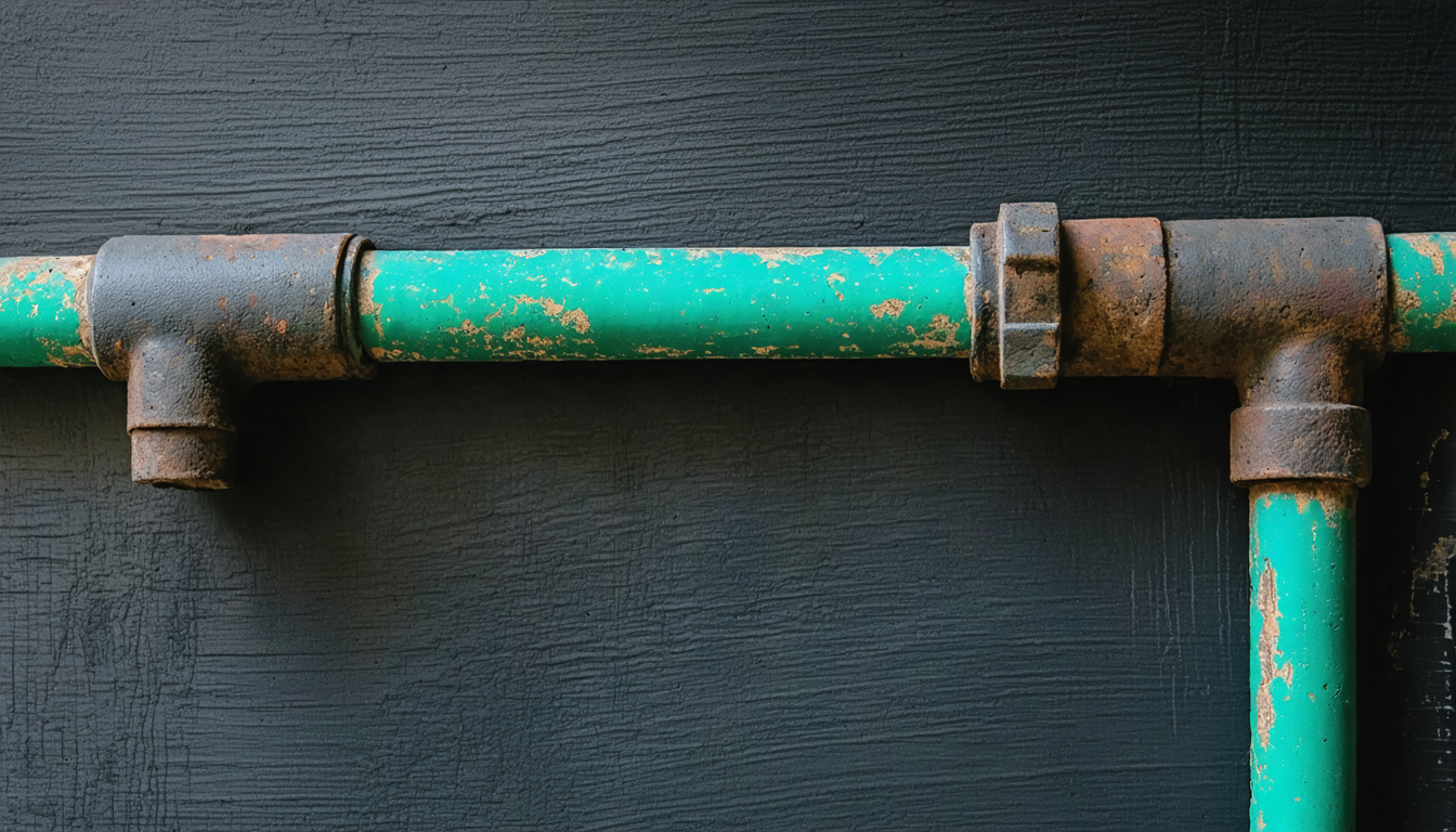 Close-up of aged copper electrical wiring with green patina oxidation against a dark wall, showing signs of long use and thermal wear.