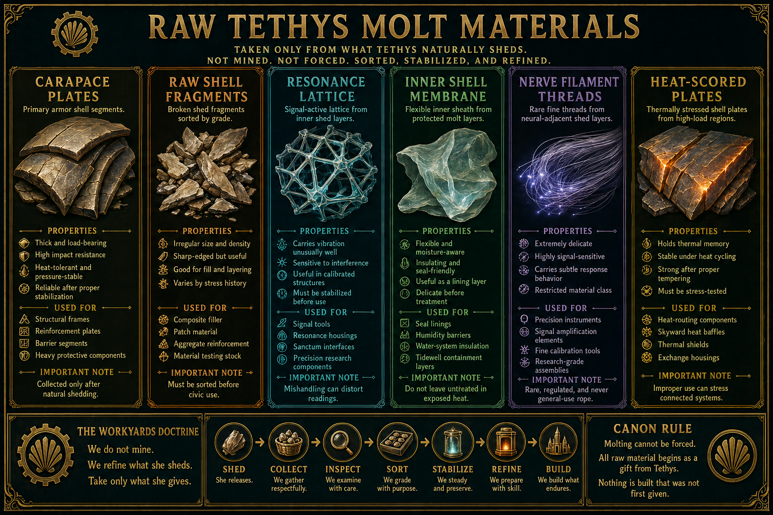 Raw Tethys molt materials chart showing carapace plates, raw shell fragments, resonance lattice, inner shell membrane, nerve filament threads, and heat-scored plates.
