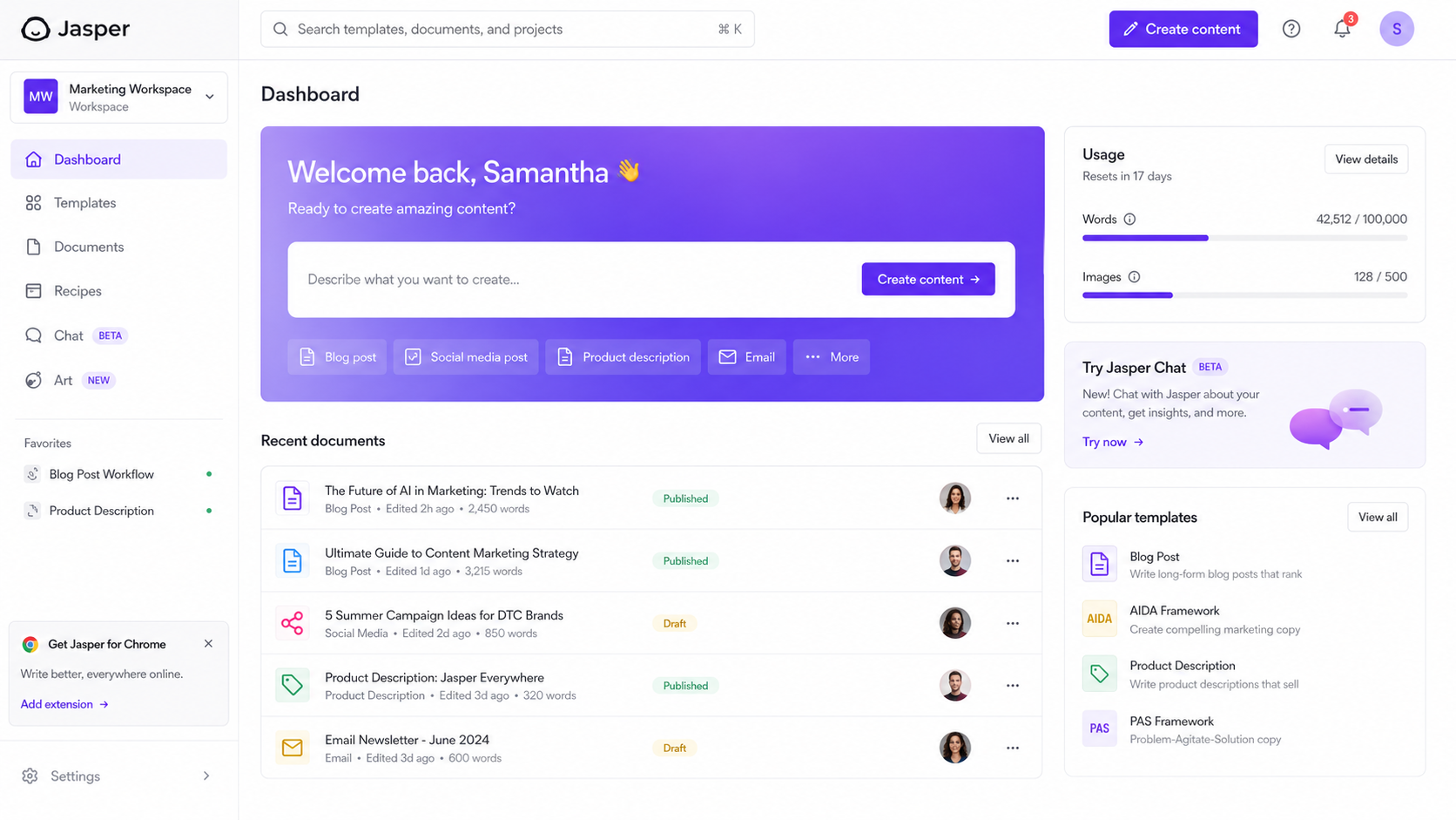 Jasper AI Content Creation and SEO Writing Platform Jasper AI dashboard displaying AI content generation tools, blog writing templates, content workflows, and SEO writing features