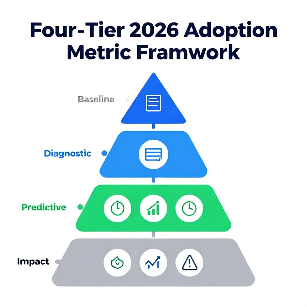 Infographic of the Four-Tier 2026 Adoption Metric Framework: Baseline, Diagnostic, Predictive, Impact