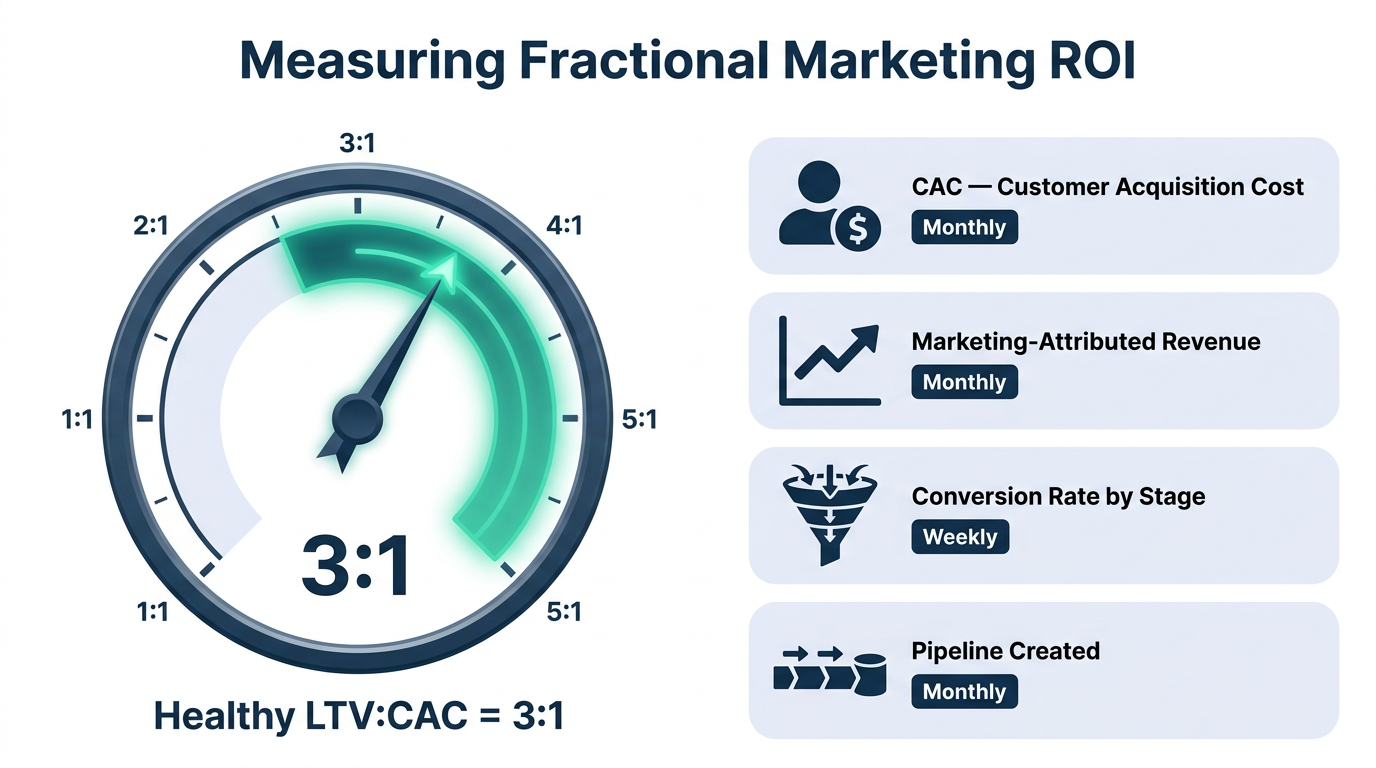 ROI measurement infographic featuring an LTV to CAC ratio gauge showing the healthy 3-to-1 benchmark alongside a four-metric KPI dashboard including CAC, marketing-attributed revenue, conversion rate by stage, and pipeline created