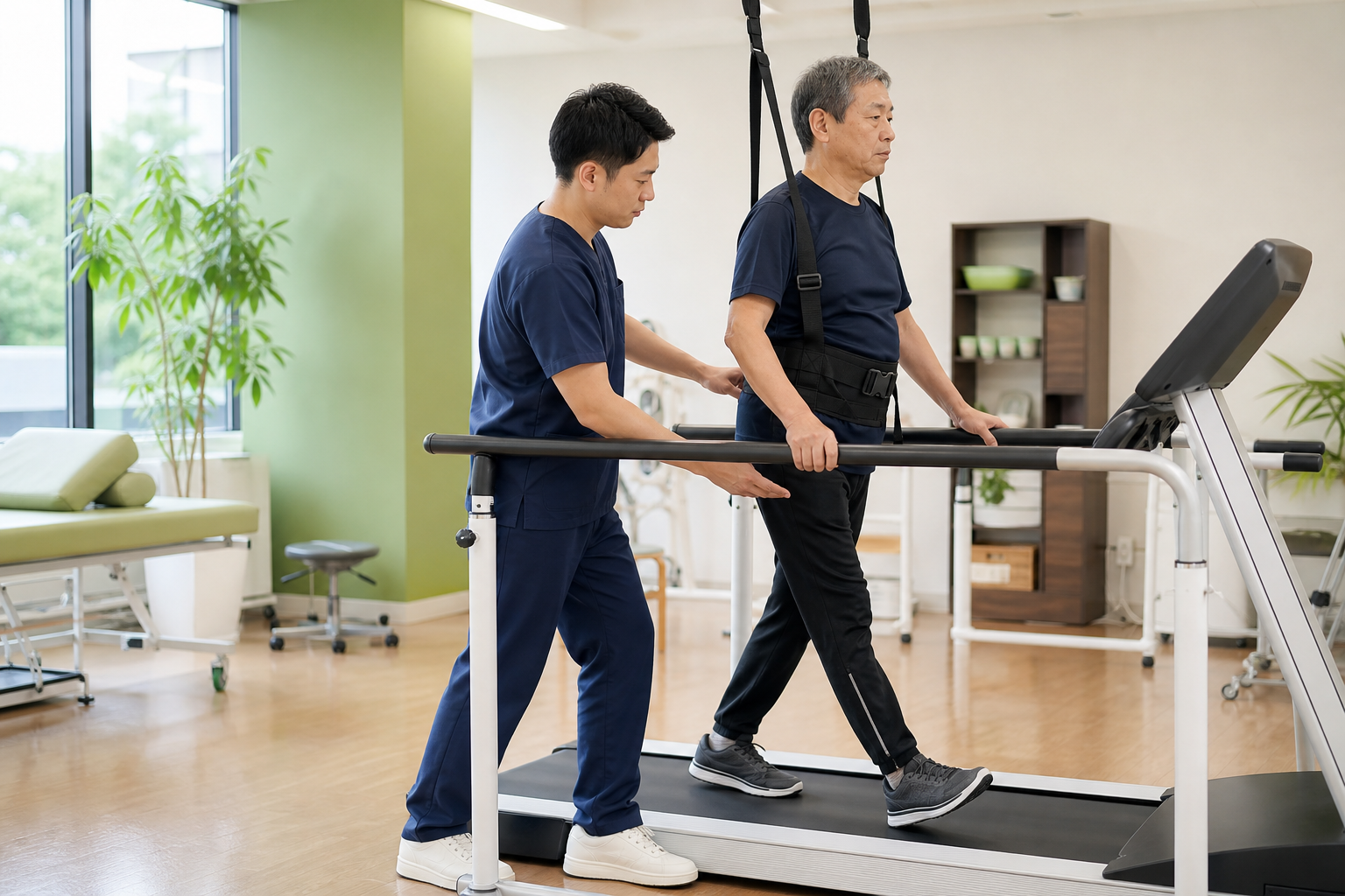 脳卒中後のトレッドミル歩行練習を行う場面