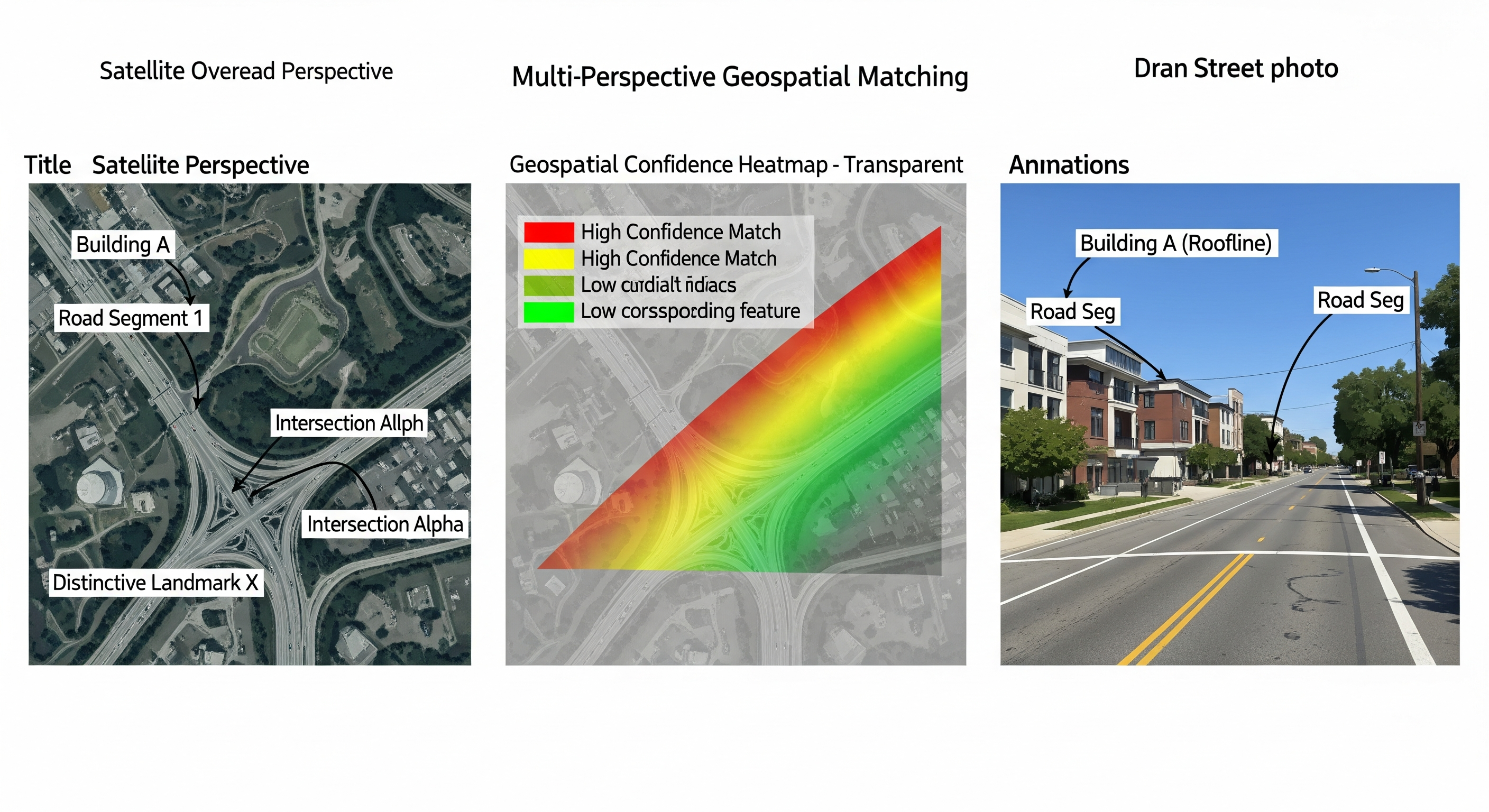 Diagram comparing satellite and drone imagery with matched landmarks.