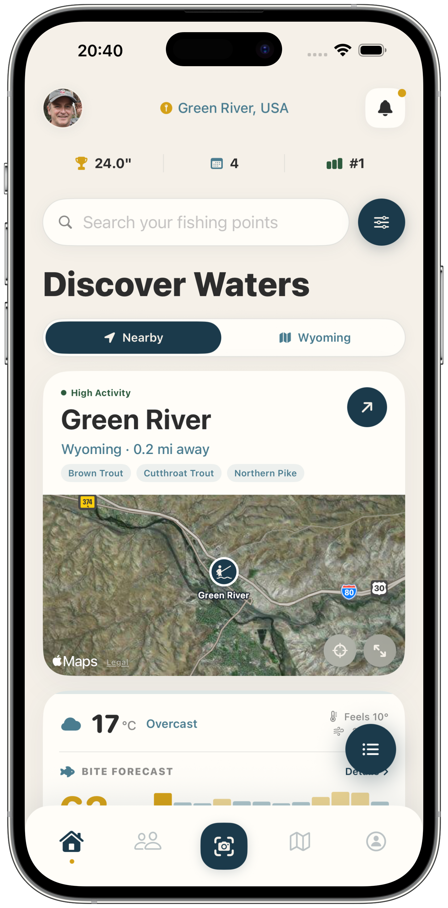 PB FISHING app dashboard showing nearby waters, bite forecast, and personal stats