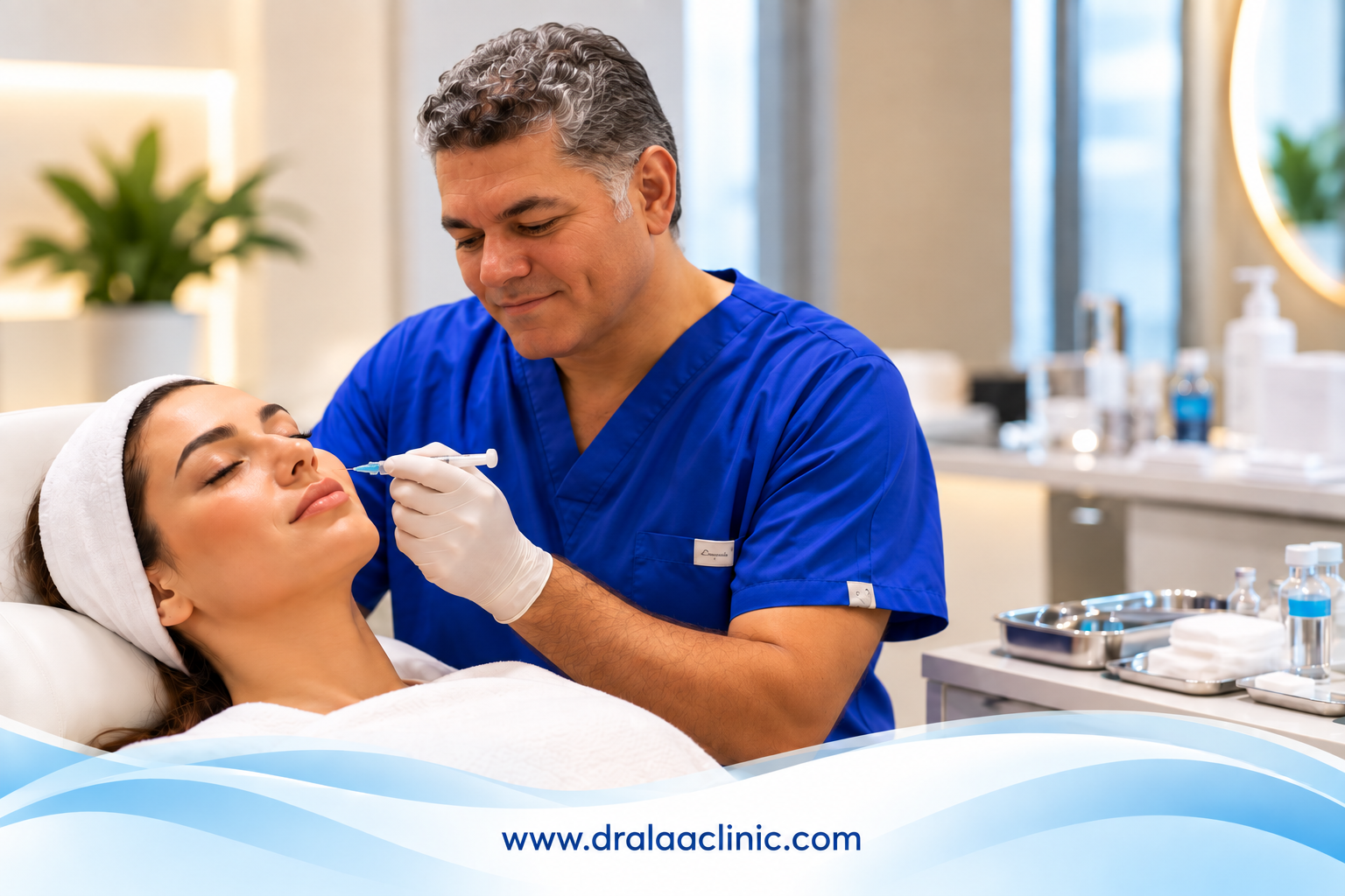 طبيب مختص يحقن الفيلر في الوجه لمريضة داخل عيادة د. علاء حجاج للتجميل