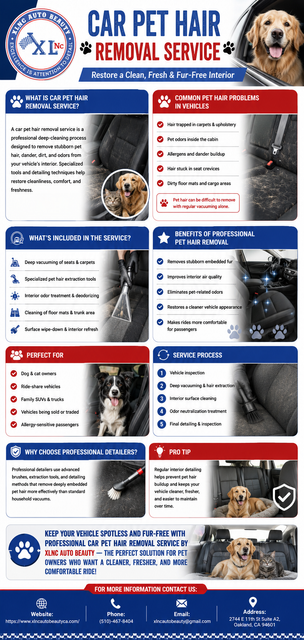 Say goodbye to stubborn pet hair with our professional car pet hair removal service. We deep-clean seats, carpets, mats, and hard-to-reach areas to restore your vehicle’s fresh, spotless appearance. Perfect for pet owners dealing with shedding, odors, and allergens. Enjoy a cleaner, more comfortable ride with expert detailing designed to leave your car hair-free and refreshed inside.

For More Information Visit here: https://www.xlncautobeautyca.com/pet-hair-removal/