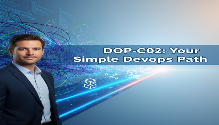 DOP-C02: Your Simple DevOps Path A professional adult confidently viewing a digital pathway that transforms from complex, tangled code into a clear, simplified roadmap with AWS DevOps service icons, titled 'DOP-C02: Your Simple DevOps Path'.
