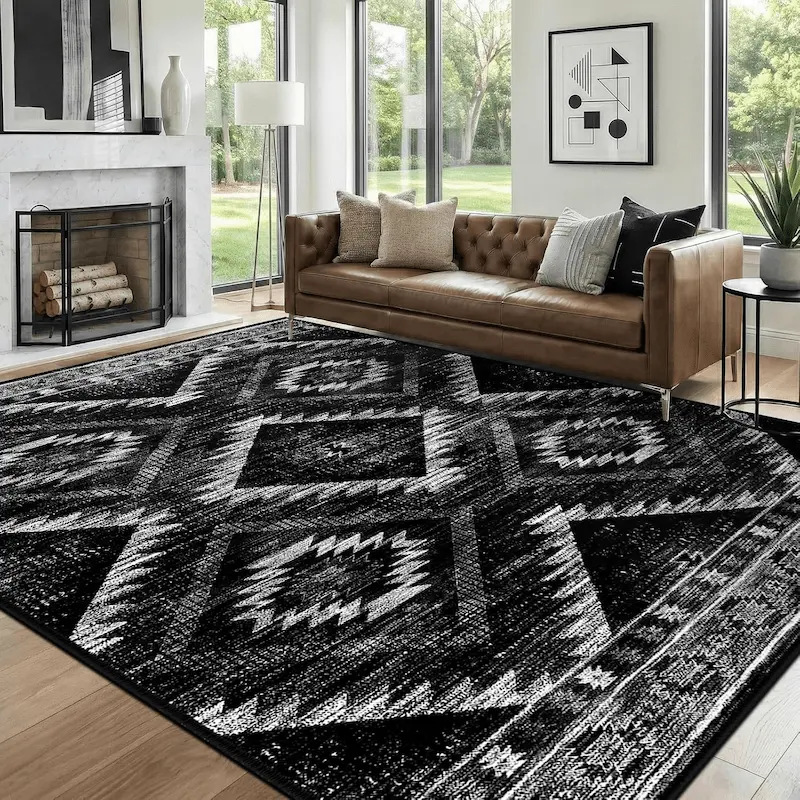 Black Tribal Western Area Rug – Machine Washable Non-Slip 6x9 Living Room & Bedroom Accent Rug