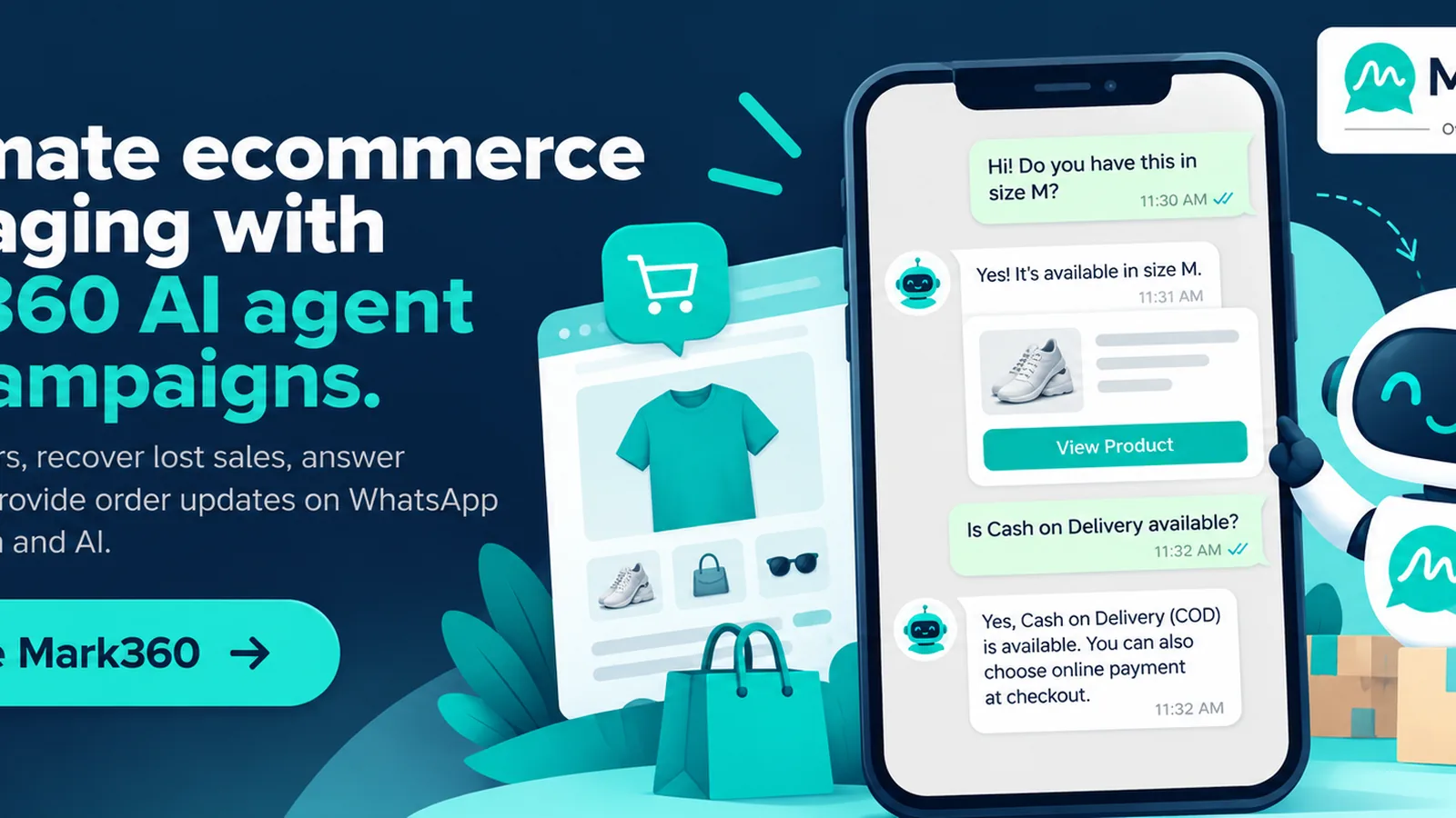 Soft CTA visual: Mark360 Official Meta Partner ecommerce WhatsApp AI agent and campaigns