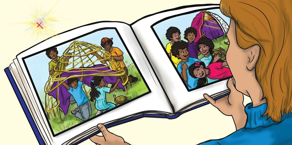 Person looks at an open book with colorful photos of children and a globe-like structure inside.