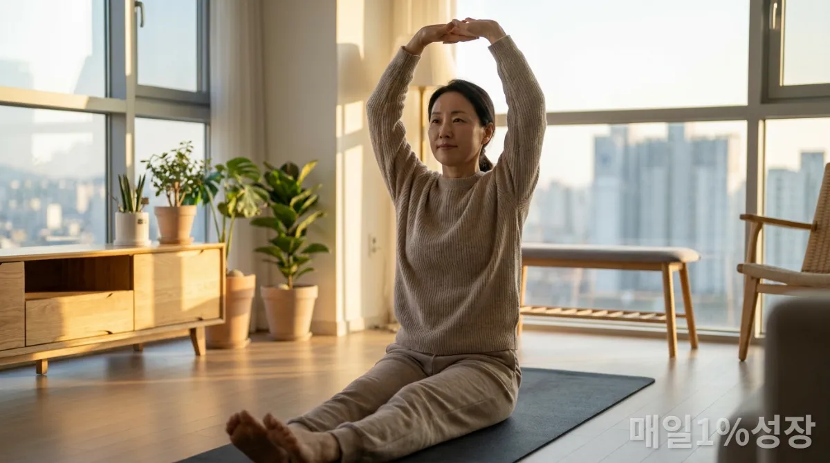 40대 한국인 여성이 요가 매트 위에서 아침 스트레칭을 하는 모습, 햇살 가득한 거실 배경