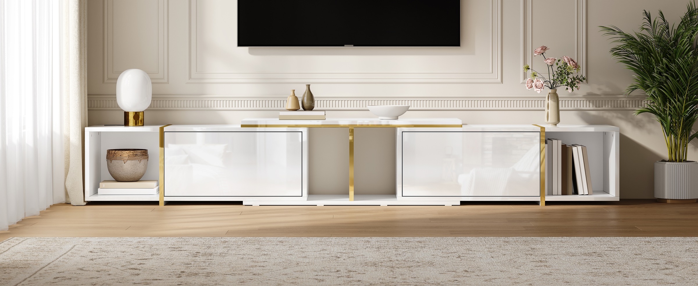 Meuble TV Blanc, Rangement, Gestion des Câbles, Extensible, Design Moderne, Structure Robuste - Panneaux de Particules - 275x35x37cm 1