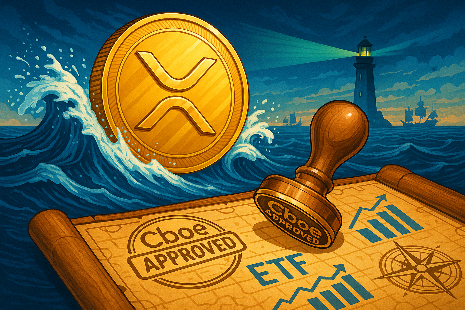 Illustration of XRP ETF approval by Cboe, showing cryptocurrency market growth and institutional interest