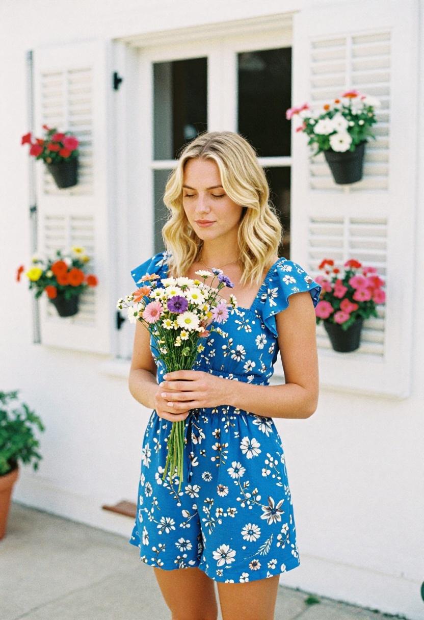 Cobalt blue floral romper with flutter sleeves and strappy sandals for spring patio style