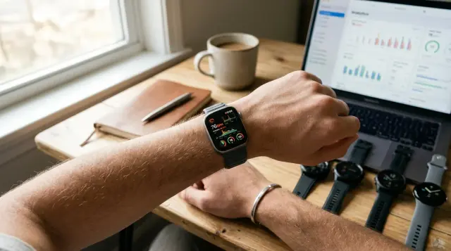 Smartwatch displaying health metrics on wrist alongside other wearable devices, contemplative mood