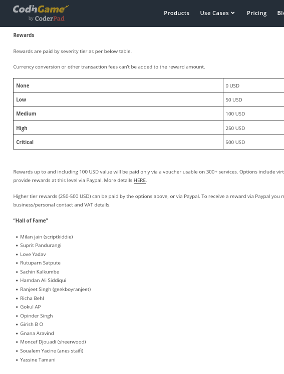 Hall of Fame entry on CodinGame's vulnerability disclosure page