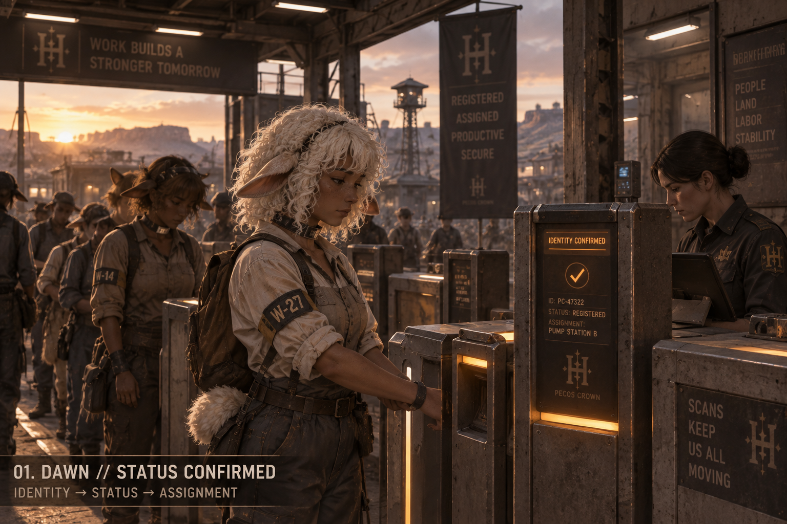 Registered demi-human worker confirming status at dawn