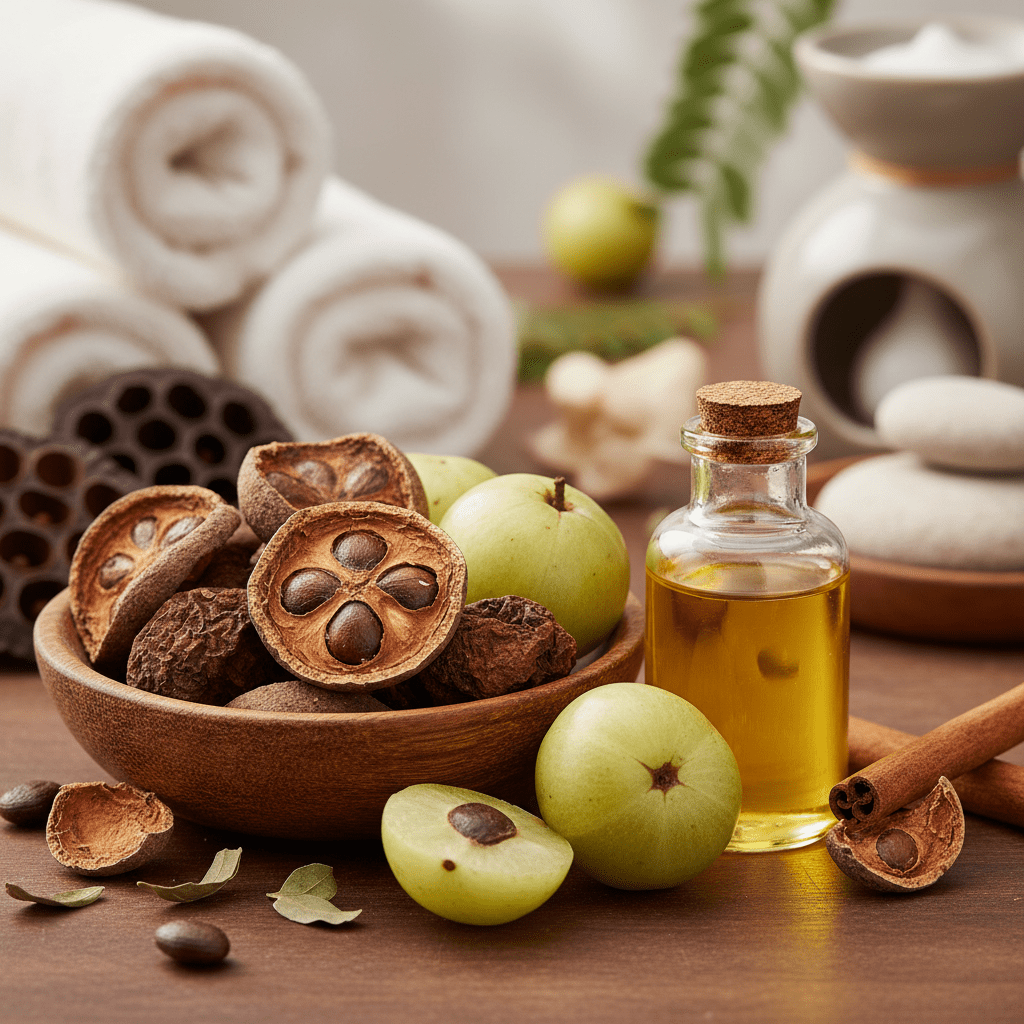 Amla fruit and seed oil bottle in a warm botanical spa setting